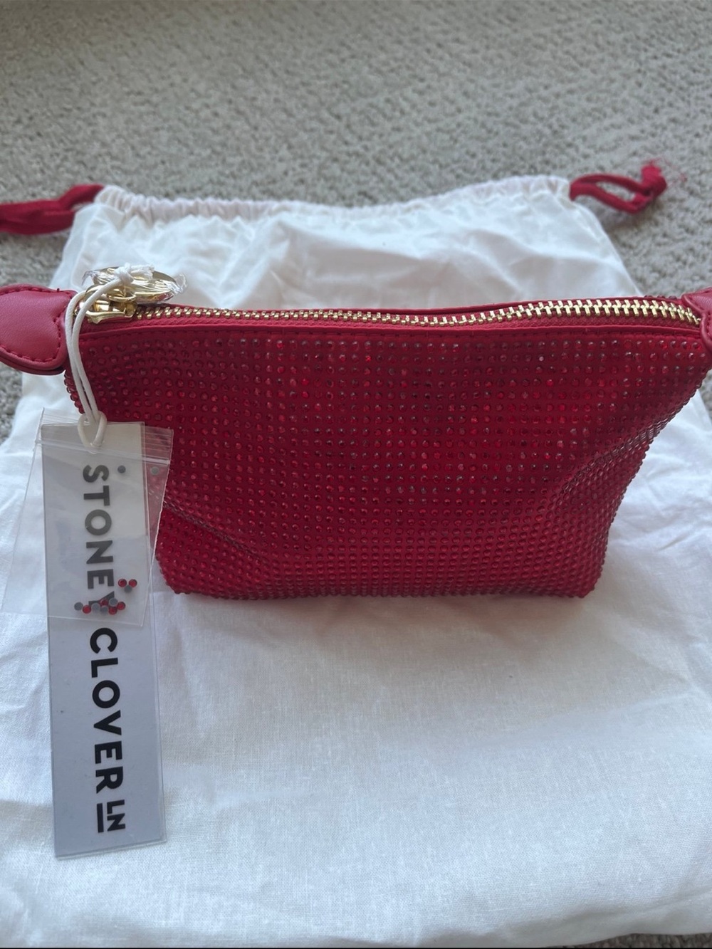 Red Crystal-Embellished Cosmetic Pouch